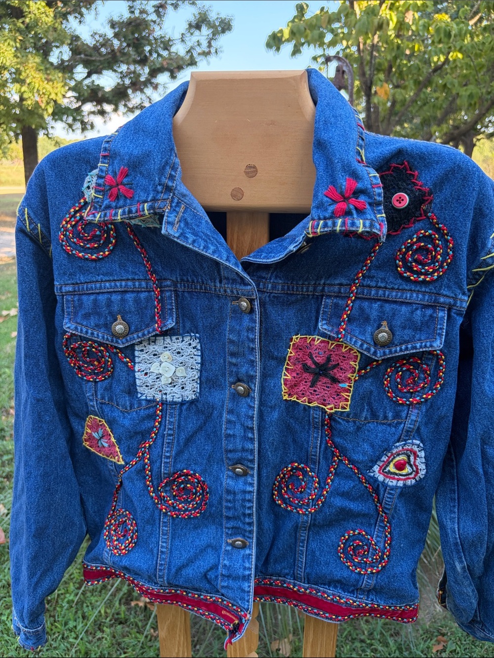 KEREN hart Blue Embroidered Denim Jacket with Multicolor Accents